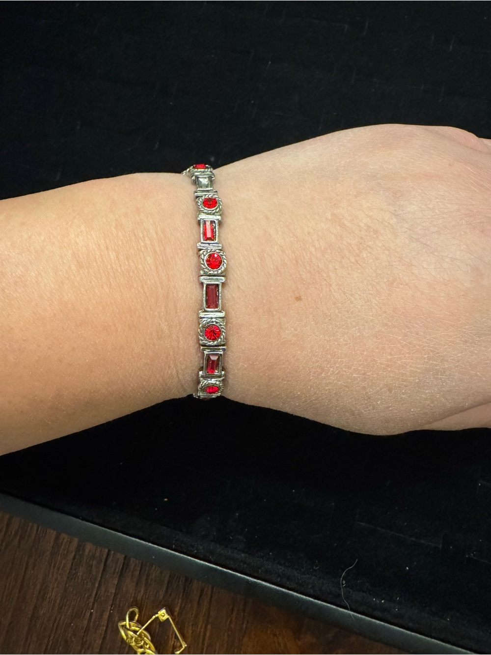 Silver Tone Red Rhinestone Bracelet Round Baguette Stones Missing One Stone